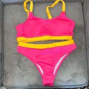 SHEIN Pink and Yellow Bikini with Strappy Detail